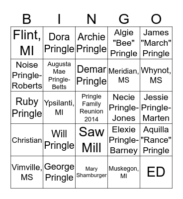 Pringle Family Bingo Card