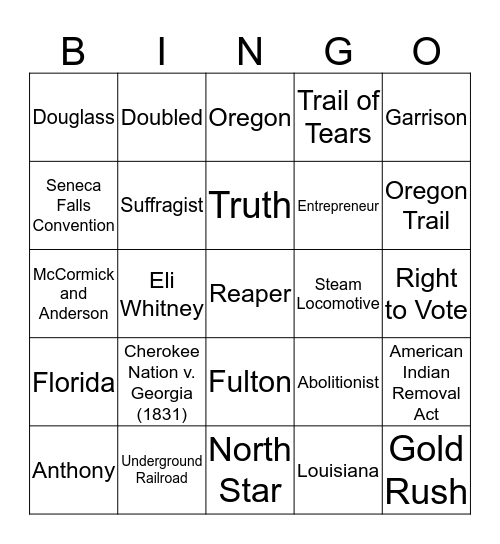 Westward Expansion Bingo Card