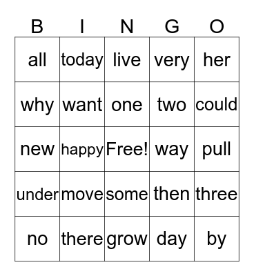 Emergent Readers Bingo Card