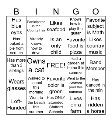 Back to School Bingo Card
