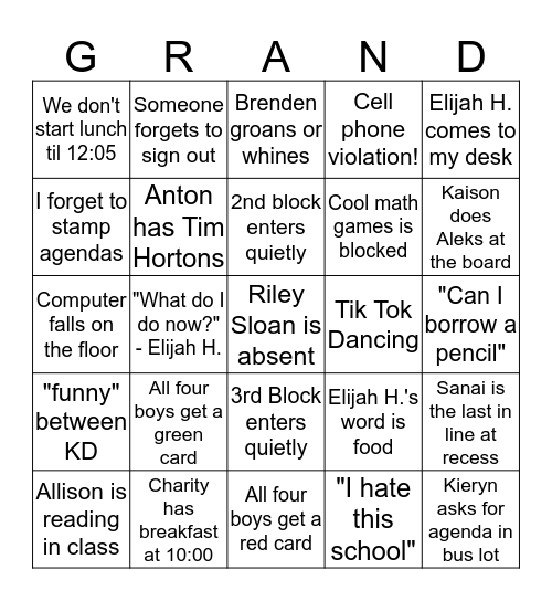 Grand Canyon Bingo Card