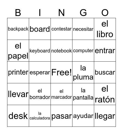 La Escuela + Verbos -AR Bingo Card