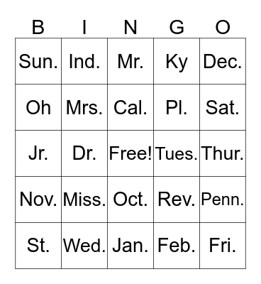 Abbreviation Bingo Card