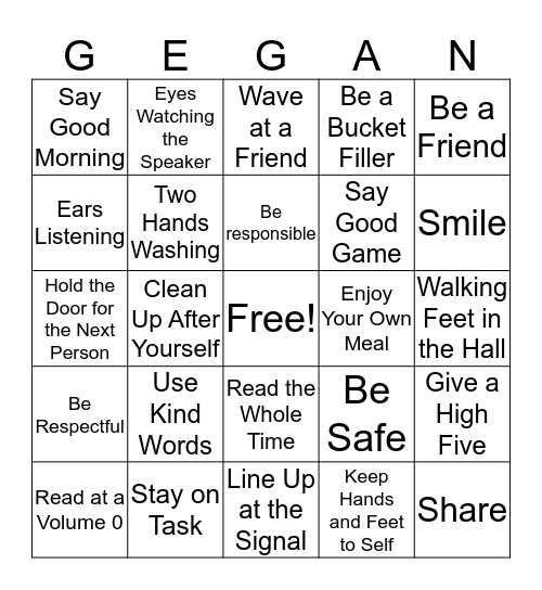 The Gegan Way Bingo Card