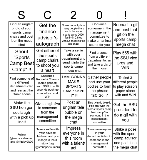 SPORTS CAMP 2020 Bingo Card