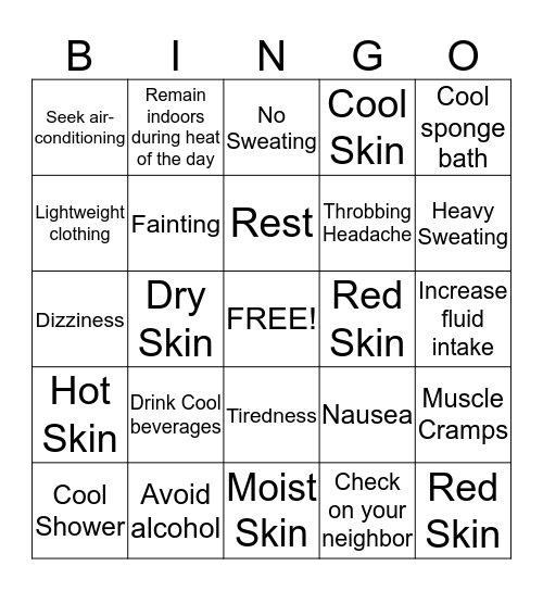 Heat Stress Bingo Card