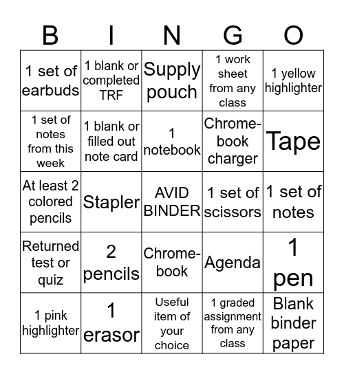 AVID Back Pack and Binder Bingo Card