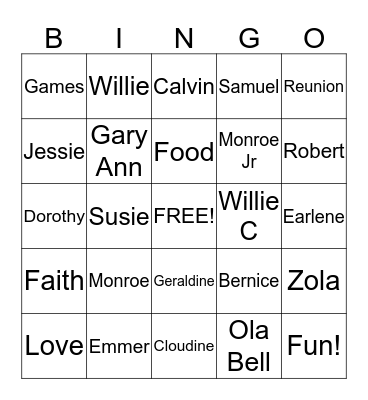 Samuel Family Reunion Bingo Card