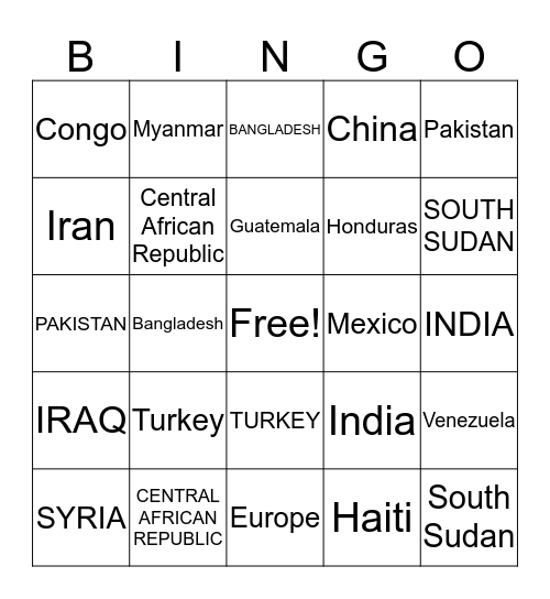 Refugee Awareness Bingo Card