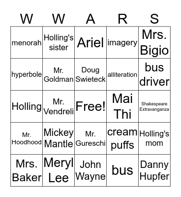 Wednesday Wars Bingo Card