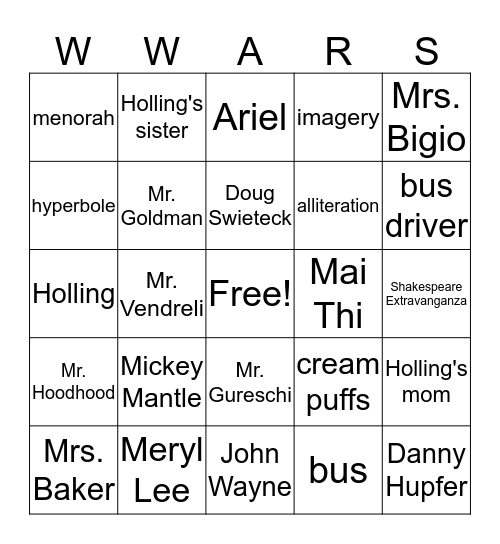 Wednesday Wars Bingo Card