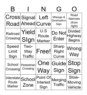 Driver's Education Bingo Card