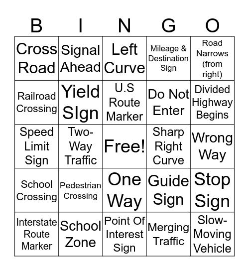 Driver's Education Bingo Card