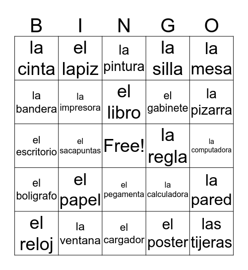 Spanish School Supplies Bingo Card