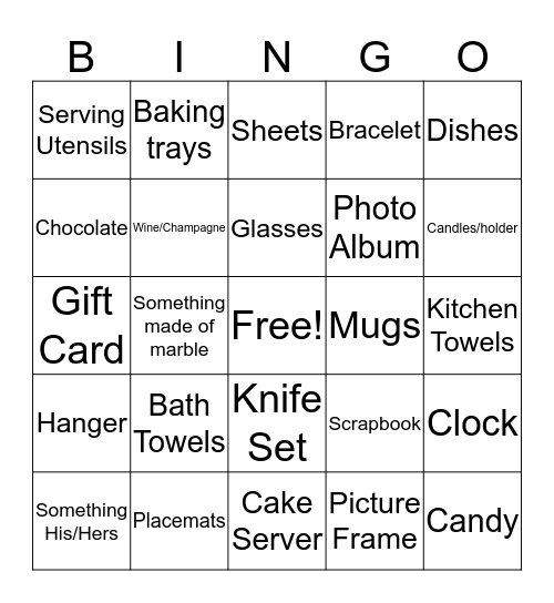 Bridal Shower Bingo Card