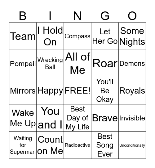 Songs Bingo Card