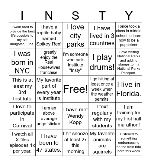 Insty School Team Bingo! Bingo Card