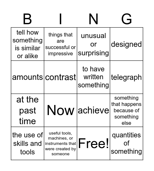 Vocabulary Bingo  Bingo Card