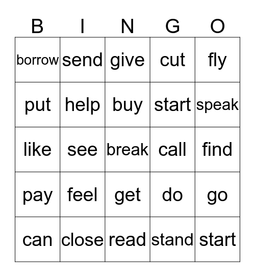 Verb Bingo Card