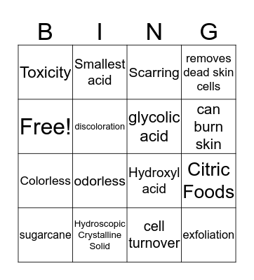 Glycolic Acid Bingo Card