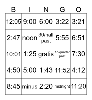 Spanish Time Telling Bingo Card