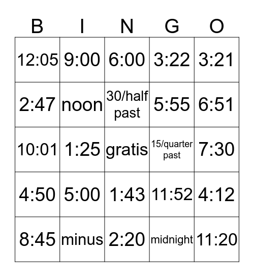 Spanish Time Telling Bingo Card