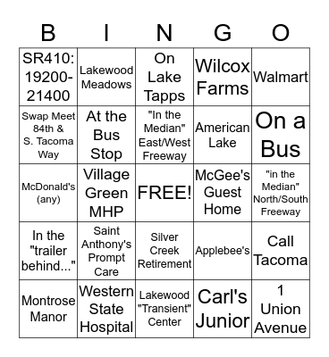 Common Place Bingo Card