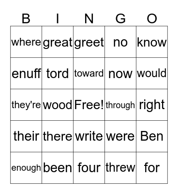 Sight Words Bingo Card