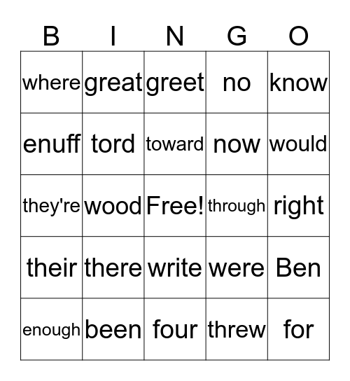 Sight Words Bingo Card