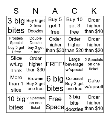 Great American Cookies Snack Attack Bingo Card