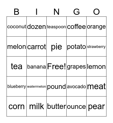 ASL Food Bingo Card