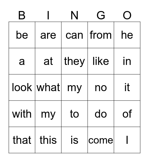Sight Word Bingo Card