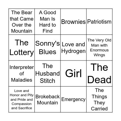 Super Sad Short Story Bingo Card