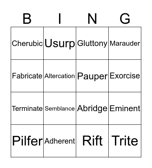 Vocab Unit 3 Bingo Card