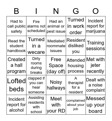 Res Life  Bingo Card