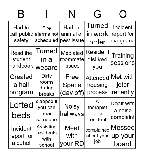 Res Life  Bingo Card