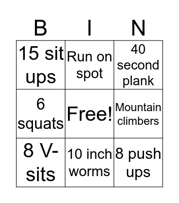 Fitness Bingo Card