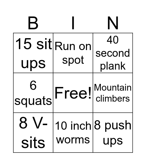 Fitness Bingo Card