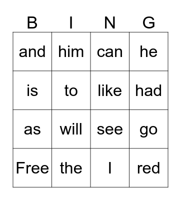 Sight Words Bingo Card
