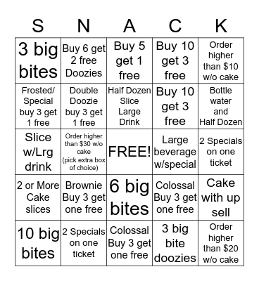 Great American Cookies Snack Attack Bingo Card
