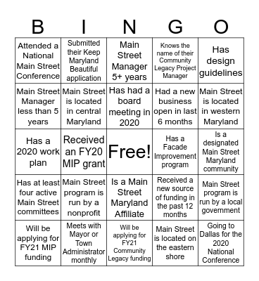 Main Street Maryland Bingo Card