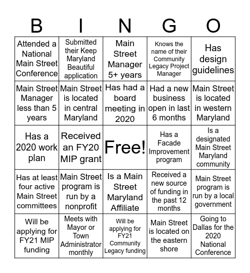 Main Street Maryland Bingo Card