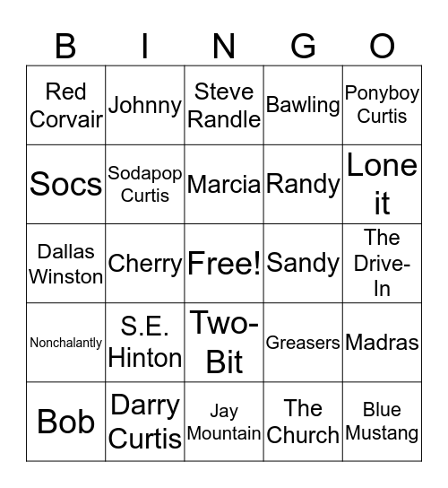 The Outsiders Ch. 1-4 Bingo Card