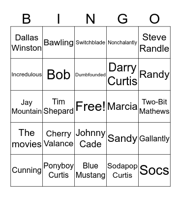The Outsiders Ch. 1-4 Bingo Card