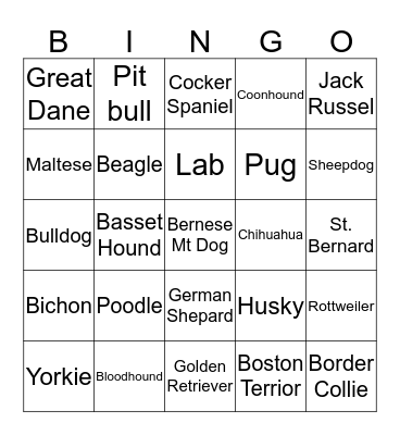 Dog Breeds Bingo Card
