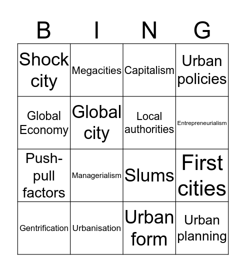 Urbanisation Bingo Card