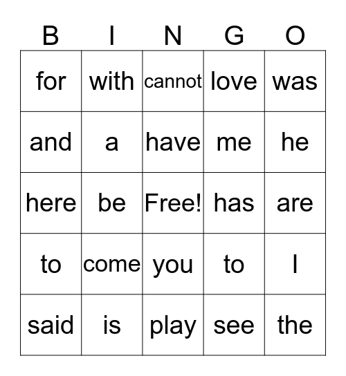 Sight Word Bingo Card