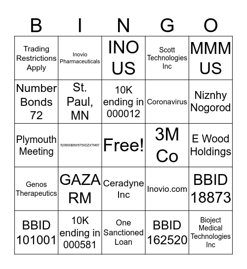 Entities BINGO!!!  Bingo Card