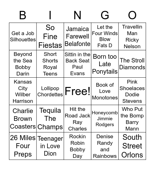 Sock Hop Bingo Card