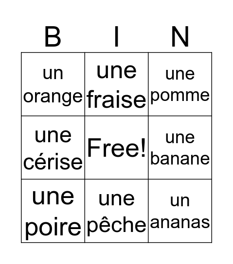 les fruits Bingo Card